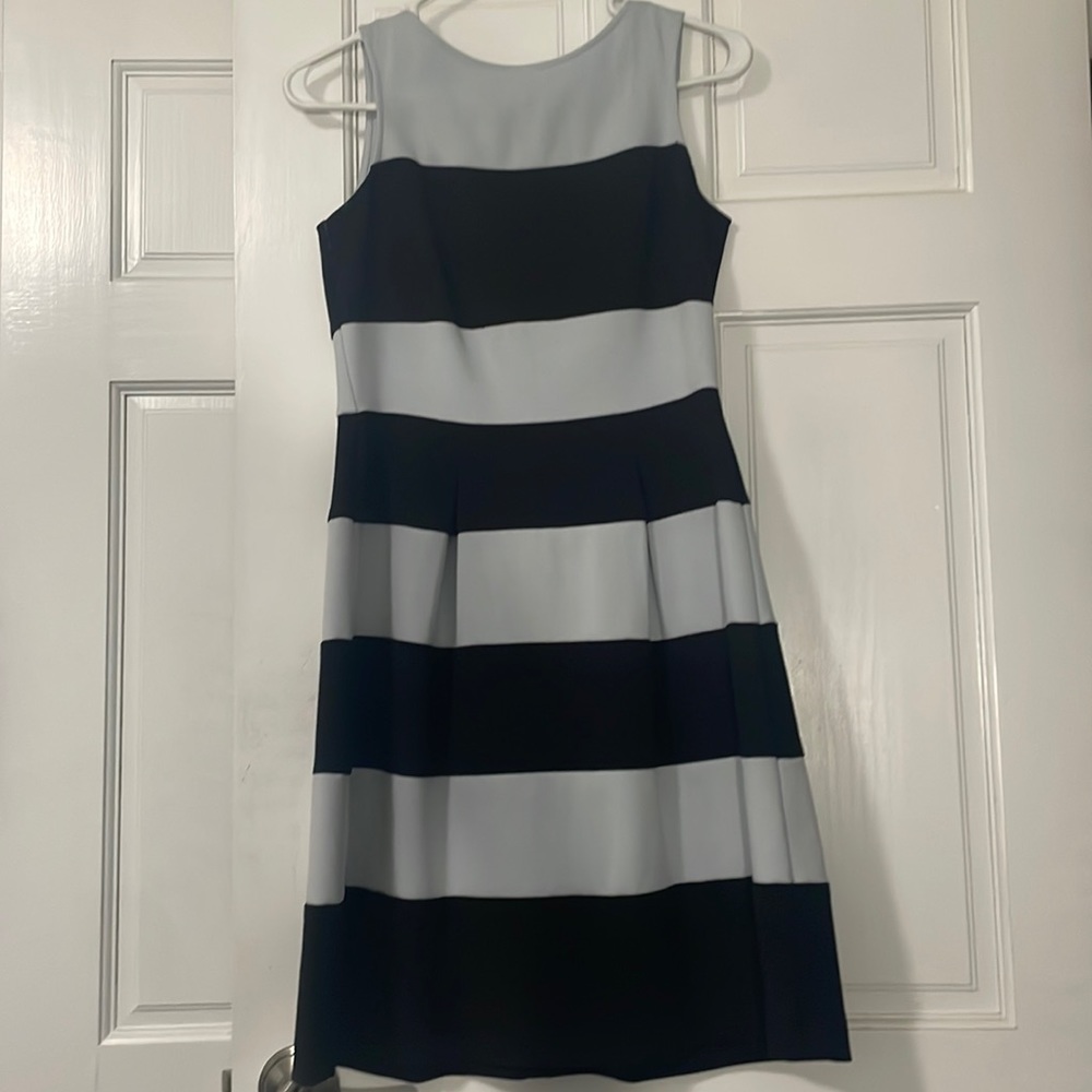 LOFT Sleeveless Black and Gray Striped Mini Dress
